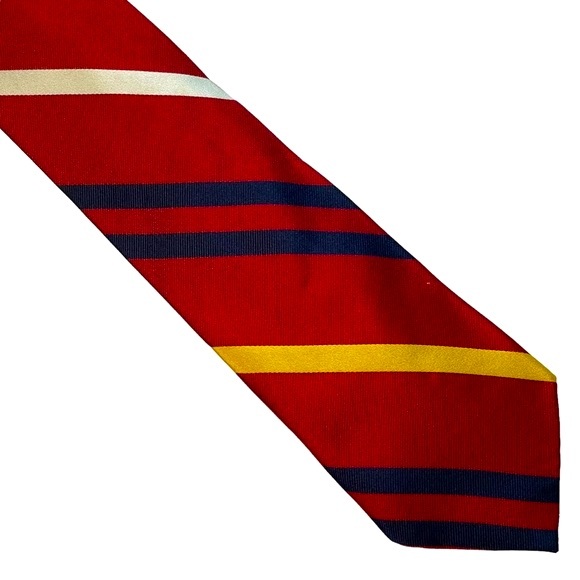 CHAPS Ralph Lauren 100% Silk Tie Red with Navy, White and Yellow Stripes - Picture 1 of 8